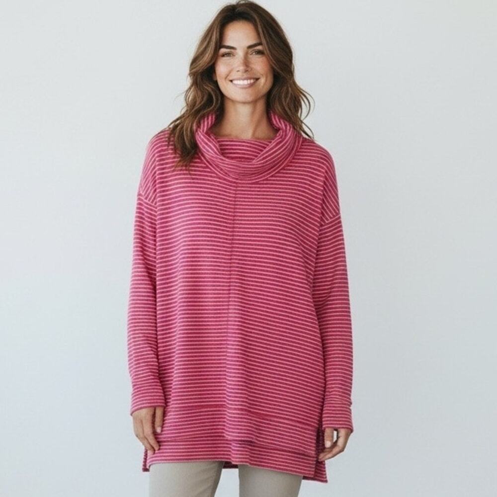 Liz Claiborne Waffleknit Turtleneck Top Pink Stripe Long Sleeve Over sized Small